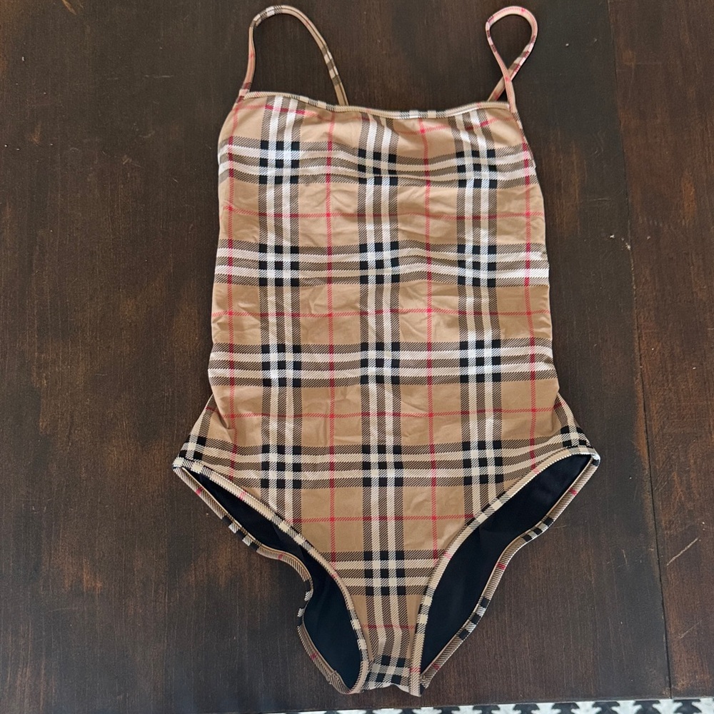 Burberry womens One Piece Plaid Swimsuit - Tan, Black, and Red